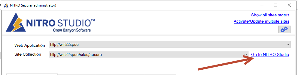 The Crow Canyon NITRO Studio administration page with the Activate button for the site