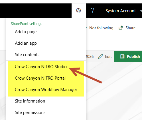 Alternative way to activate NITRO on a site - the site Settings gear showing the Crow Canyon NITRO Studio entry