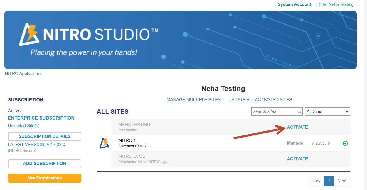 Alternative way to activate NITRO on a site - the NITRO Studio activation page