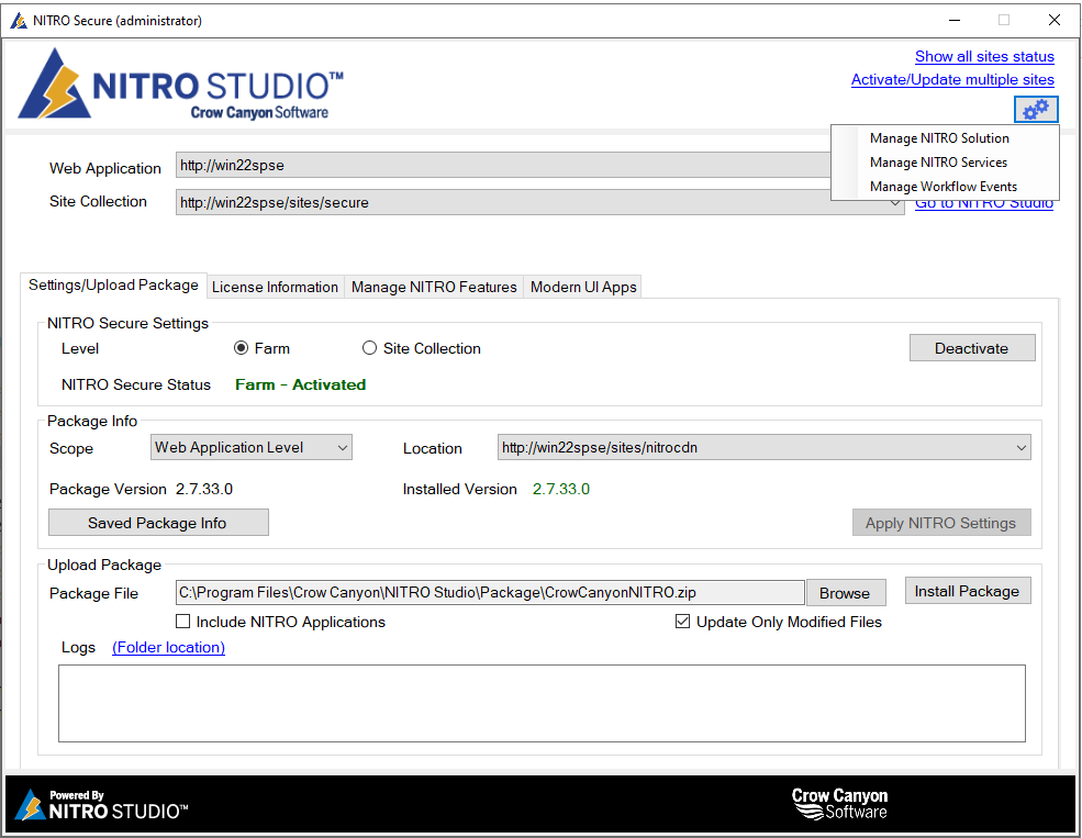 The NITRO Studio Helper main window: the Web Application and Site Collection selectors, the tabbed area (License Information, Manage NITRO Features, Settings/Upload Package, Modern UI Apps), and the settings button at the top-right