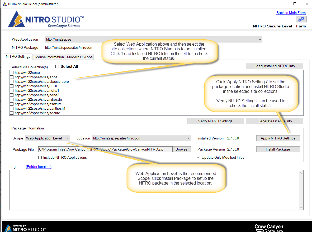 The Activate/Update multiple sites window: the Web Application drop-down, the checkable list of site collections with Select All, and the Load Installed NITRO Info, Apply NITRO Settings, Install Package, Verify NITRO Settings and Generate License Info buttons