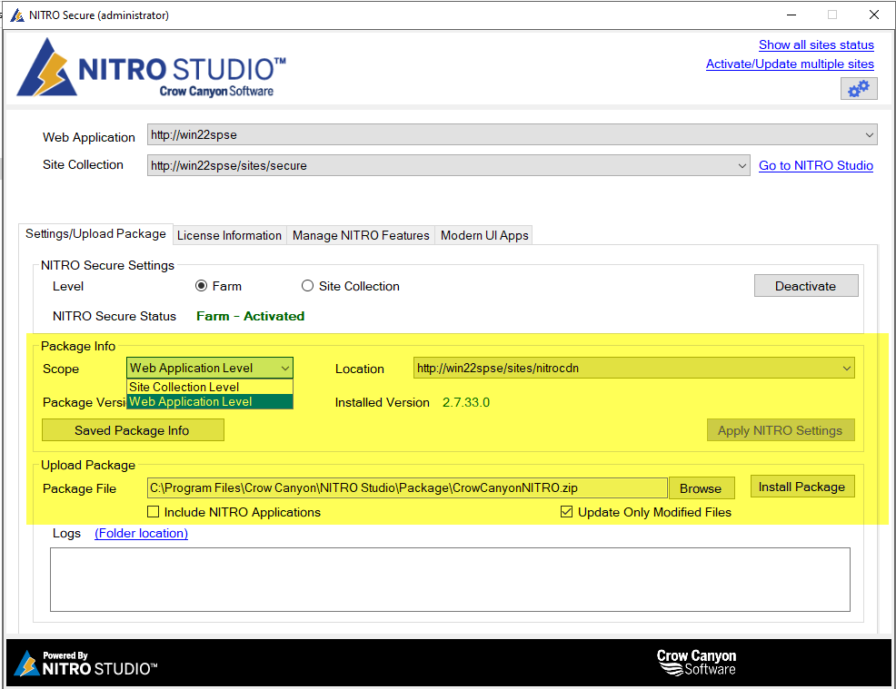 The Settings/Upload Package tab with the Package Scope selection, the package ZIP path and Browse button, the Include NITRO Applications and Update Only Modified Files options, and the Install Package button