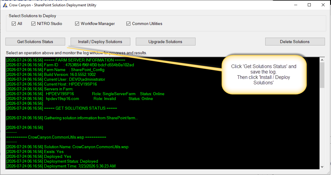The Manage NITRO Solution screen with the three solution check-boxes and the Get Status and Install / Deploy Solutions buttons