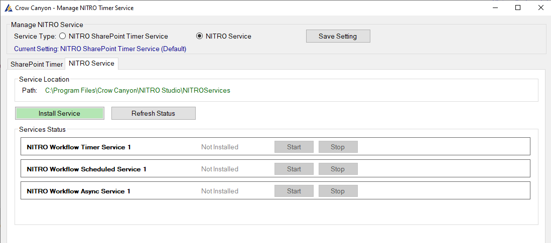 The Manage NITRO Services screen, NITRO Service tab, showing the service-type selection (SharePoint Timer Service vs Windows Service) and the Install / Remove and Start / Stop controls