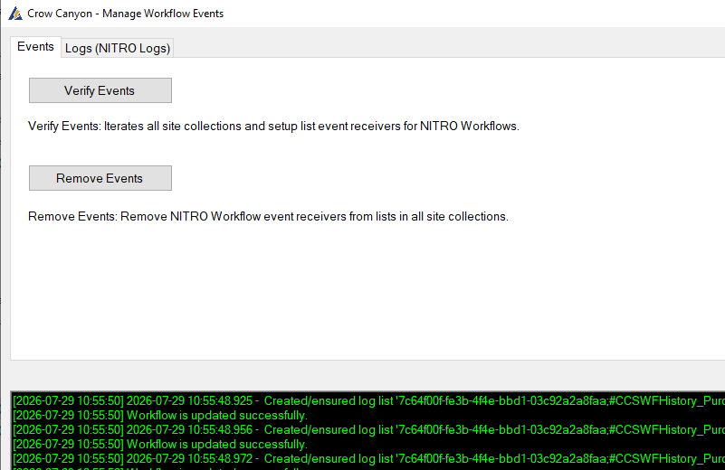 The Manage Workflow Events screen, Events tab, with the Verify Events and Remove Events buttons