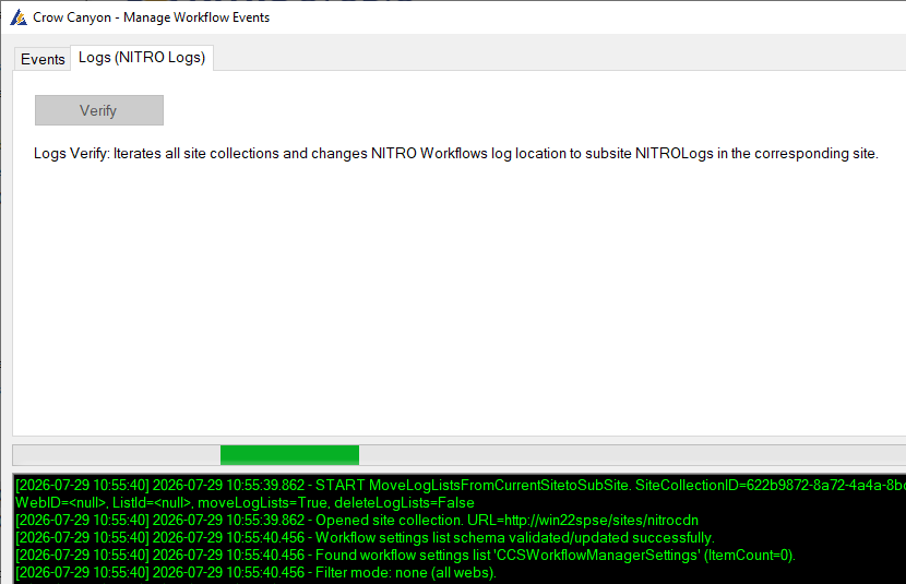 The Manage Workflow Events screen, Logs tab, with the Verify Logs button