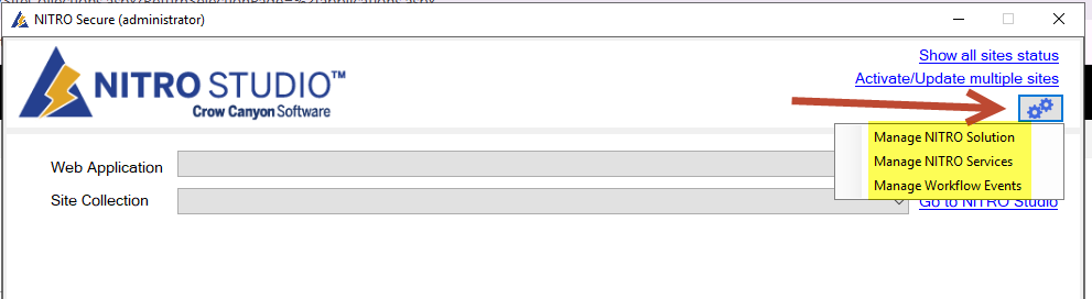 The setup tool's main window with the new settings button (top-right) open, showing the Manage NITRO Solution, Manage Workflow Events and Manage NITRO Services menu items