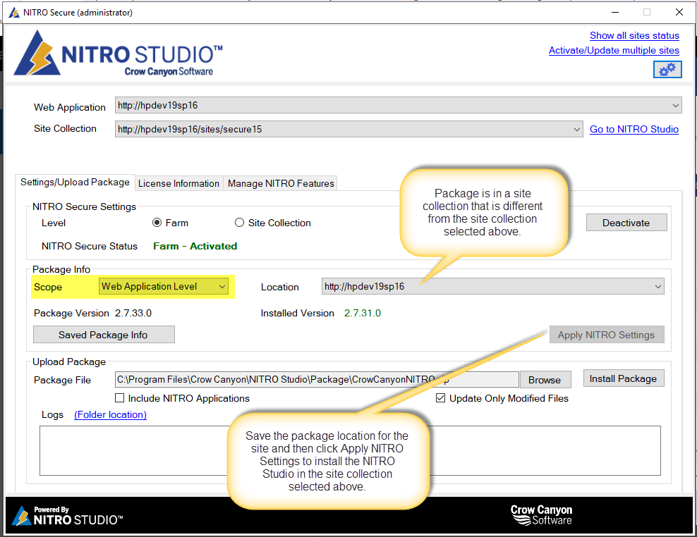 The setup tool's main form showing the Package Scope selection, the package site collection, and the Apply NITRO Settings button
