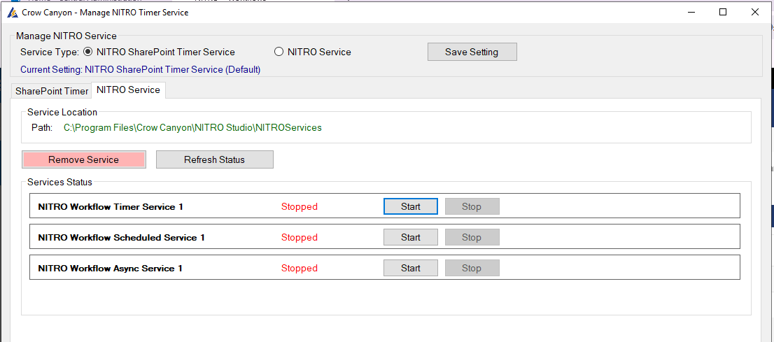 The Manage NITRO Services screen, NITRO Service tab, showing the service-type selection (SharePoint Timer Service vs Windows Service) and the Install / Remove and Start / Stop controls