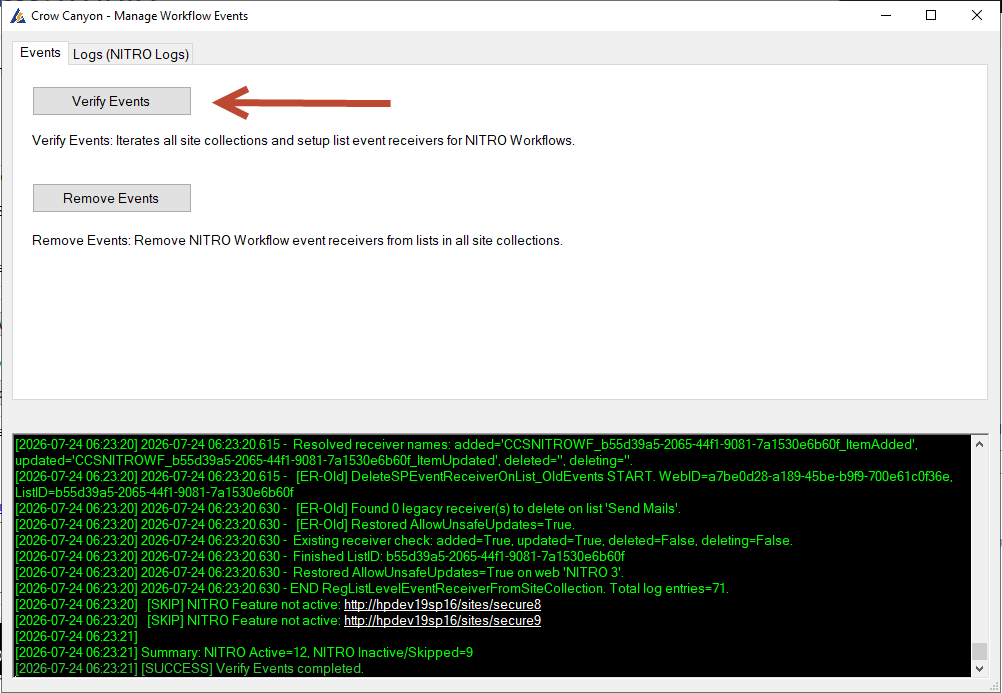 The Manage Workflow Events screen, Events tab, showing the Verify Events and Remove Events buttons and the log pane