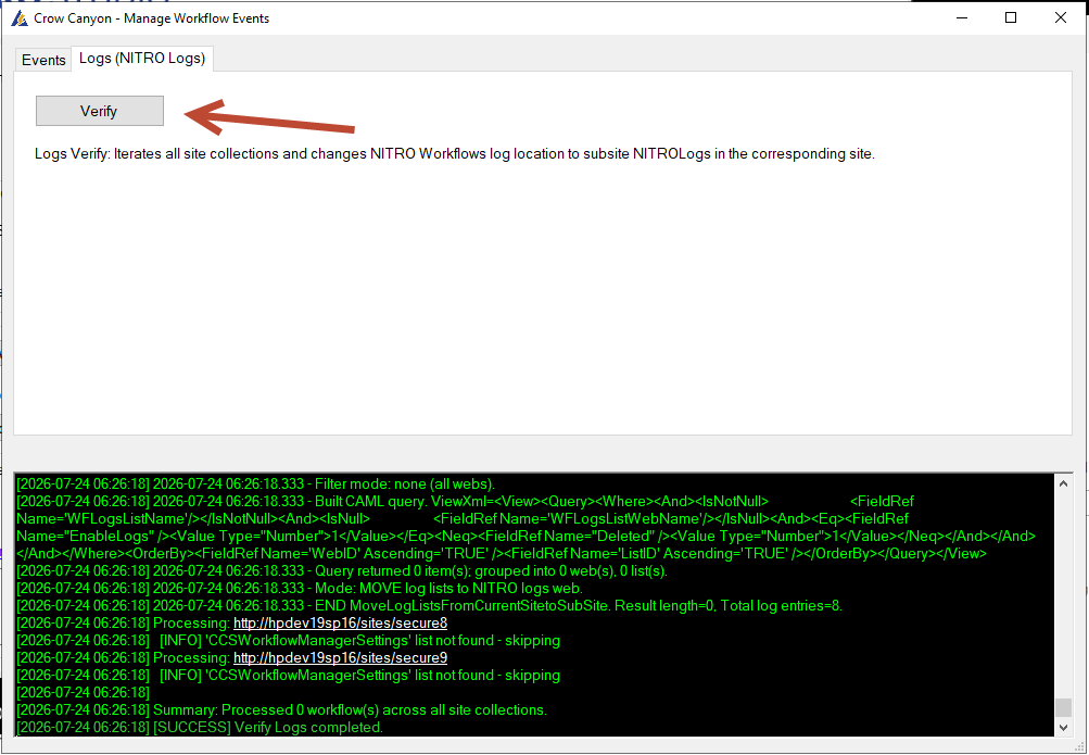 The Manage Workflow Events screen, Logs tab, showing the Verify Logs button