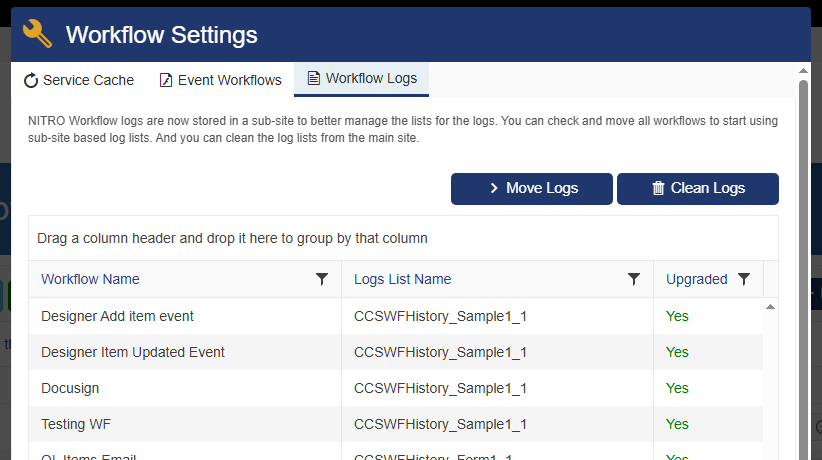The NITRO Workflows settings page option to clean up the old workflow log list from the main Site Contents