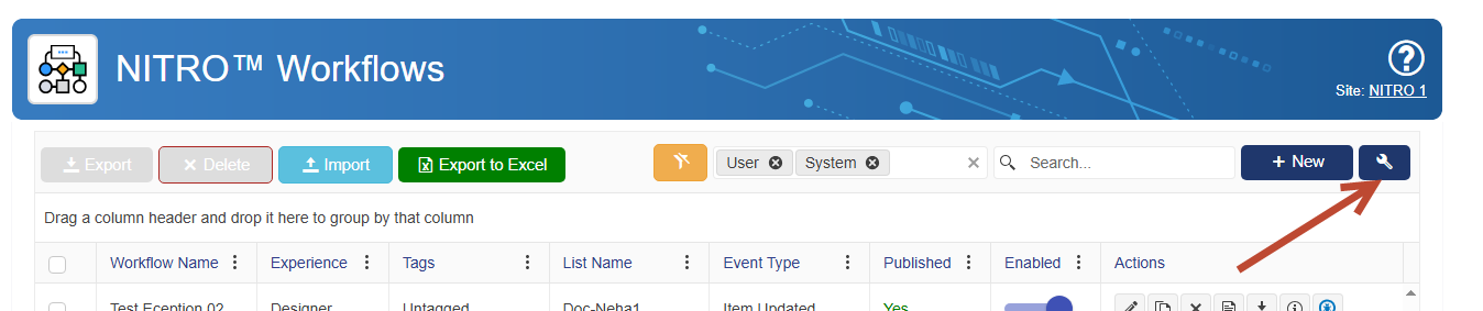 The NITRO Workflows settings page option to move the workflow log lists to the NITRO Logs subsite